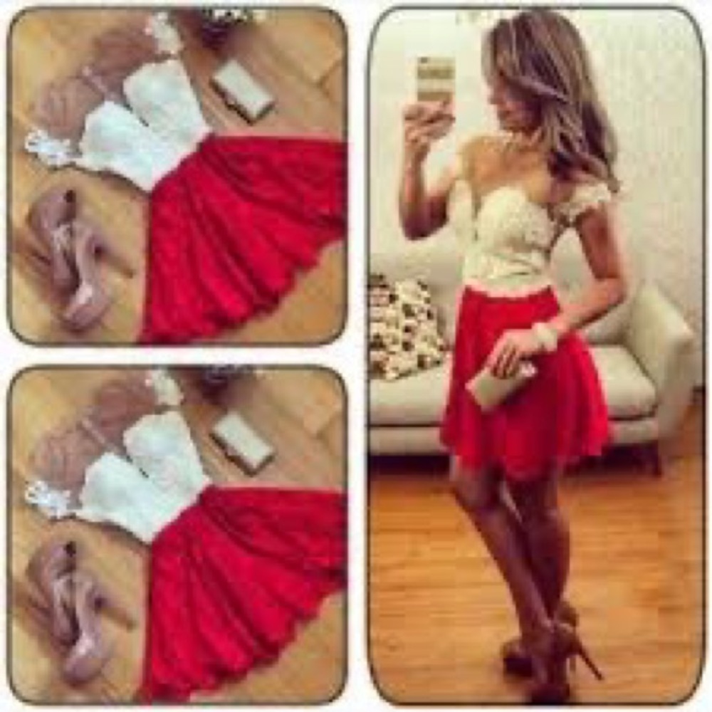 Red/White/Nude Fashion Lace Dress (size S)🌹